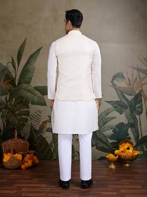 Off white viscose silk sequence with self weaving jacquard design work kurta with koti for men 5