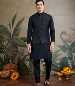 Black viscose silk sequence with self weaving jacquard design work kurta with koti for men