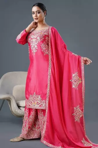 Pink Chinnon Silk Kurta Set for Women