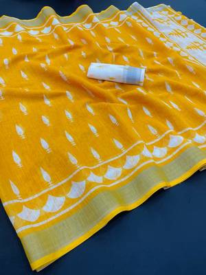 yellow linen cotton digital print saree with tassel pallu  1