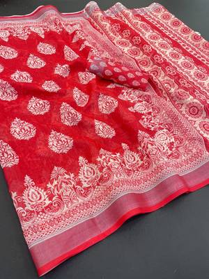 red linen cotton digital print saree with tassel pallu  1
