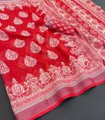 red linen cotton digital print saree with tassel pallu 