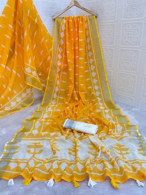 yellow linen cotton digital print saree with tassel pallu  2