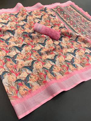 pink linen cotton digital print saree with tassel pallu 1