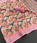 pink linen cotton digital print saree with tassel pallu
