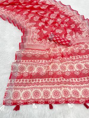 red linen cotton digital print saree with tassel pallu  2