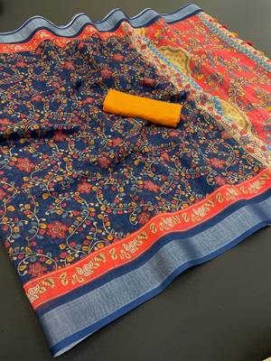 Navy blue linen cotton digital print saree with tassel pallu  1