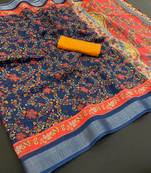 Navy blue linen cotton digital print saree with tassel pallu 