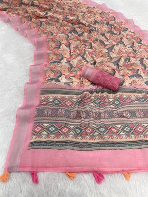 pink linen cotton digital print saree with tassel pallu 2