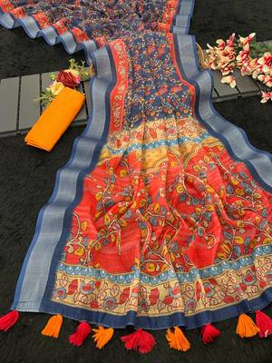 Navy blue linen cotton digital print saree with tassel pallu  2