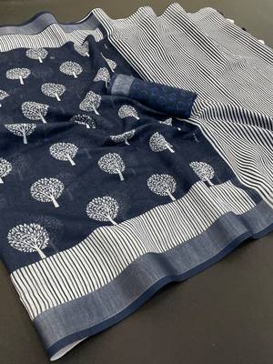 blue linen cotton digital print saree with tassel pallu  1