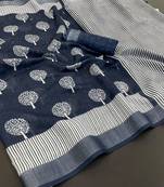 blue linen cotton digital print saree with tassel pallu 