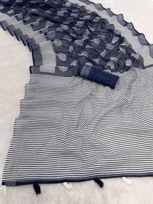 blue linen cotton digital print saree with tassel pallu  2