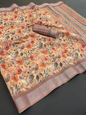 light mustard linen cotton digital print saree with tassel pallu 1