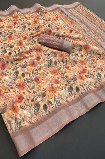 light mustard linen cotton digital print saree with tassel pallu