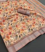 light mustard linen cotton digital print saree with tassel pallu