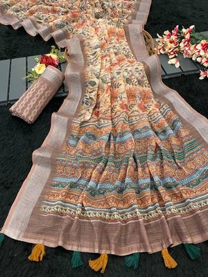 light mustard linen cotton digital print saree with tassel pallu 2