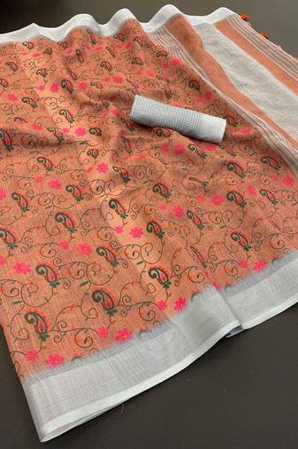 Mustard linen cotton digital print saree with tassel pallu 