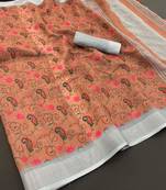 Mustard linen cotton digital print saree with tassel pallu 