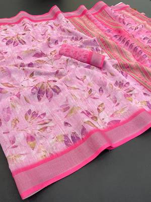 pink linen cotton digital print saree with tassel pallu 1