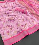 pink linen cotton digital print saree with tassel pallu