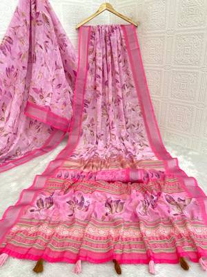pink linen cotton digital print saree with tassel pallu 2