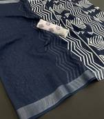 Blue linen cotton digital print saree with tassel pallu