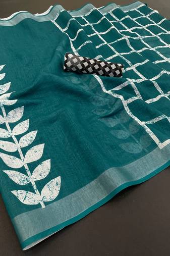 teal green linen cotton digital print saree with tassel pallu 