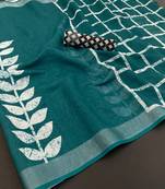 teal green linen cotton digital print saree with tassel pallu 