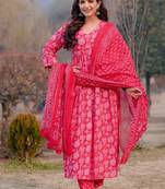 Light Red Printed Cotton Anarkali Suit Set with Dupatta