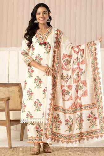 rose off white printed cotton kurta sets