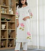 blush light white printed cotton kurta sets