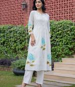 ocean light white printed cotton kurta sets