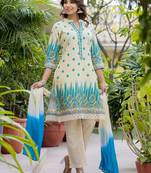 sky off white printed cotton kurta sets