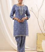 blue blue printed cotton kurta sets