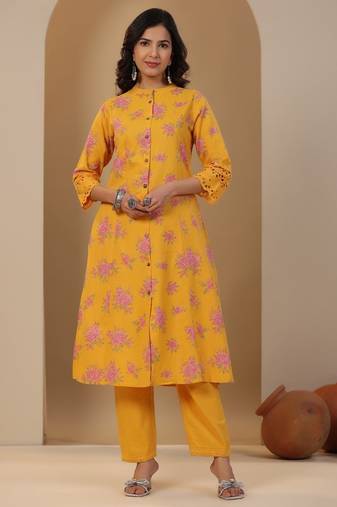 sunshine light yellow printed cotton kurta sets