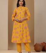 sunshine light yellow printed cotton kurta sets