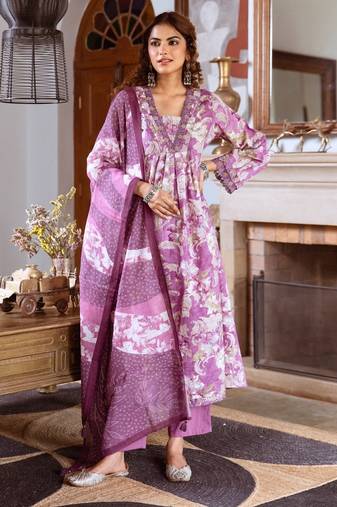lilac purple printed cotton kurta sets