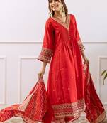 crimson red embroidered cotton kurta sets