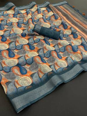 multicolor linen cotton digital print saree with tassel pallu  1