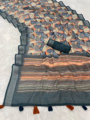 multicolor linen cotton digital print saree with tassel pallu  2