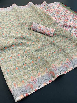 light green linen cotton digital print saree with tassel pallu  1