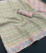 light green linen cotton digital print saree with tassel pallu 