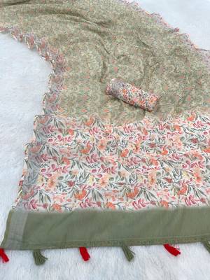 light green linen cotton digital print saree with tassel pallu  2