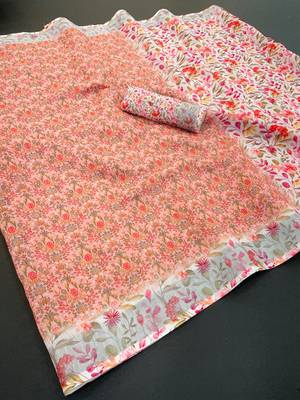 orange linen cotton digital print saree with tassel pallu 1