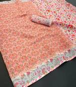 orange linen cotton digital print saree with tassel pallu