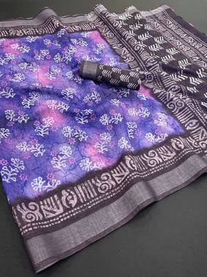 purple linen cotton digital print saree with tassel pallu  1