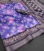 purple linen cotton digital print saree with tassel pallu 