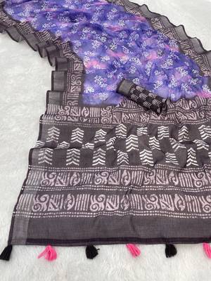 purple linen cotton digital print saree with tassel pallu  2