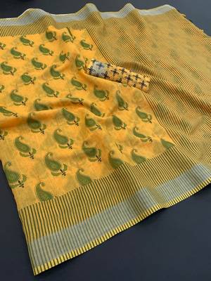 yellow linen cotton digital print saree with tassel pallu  1